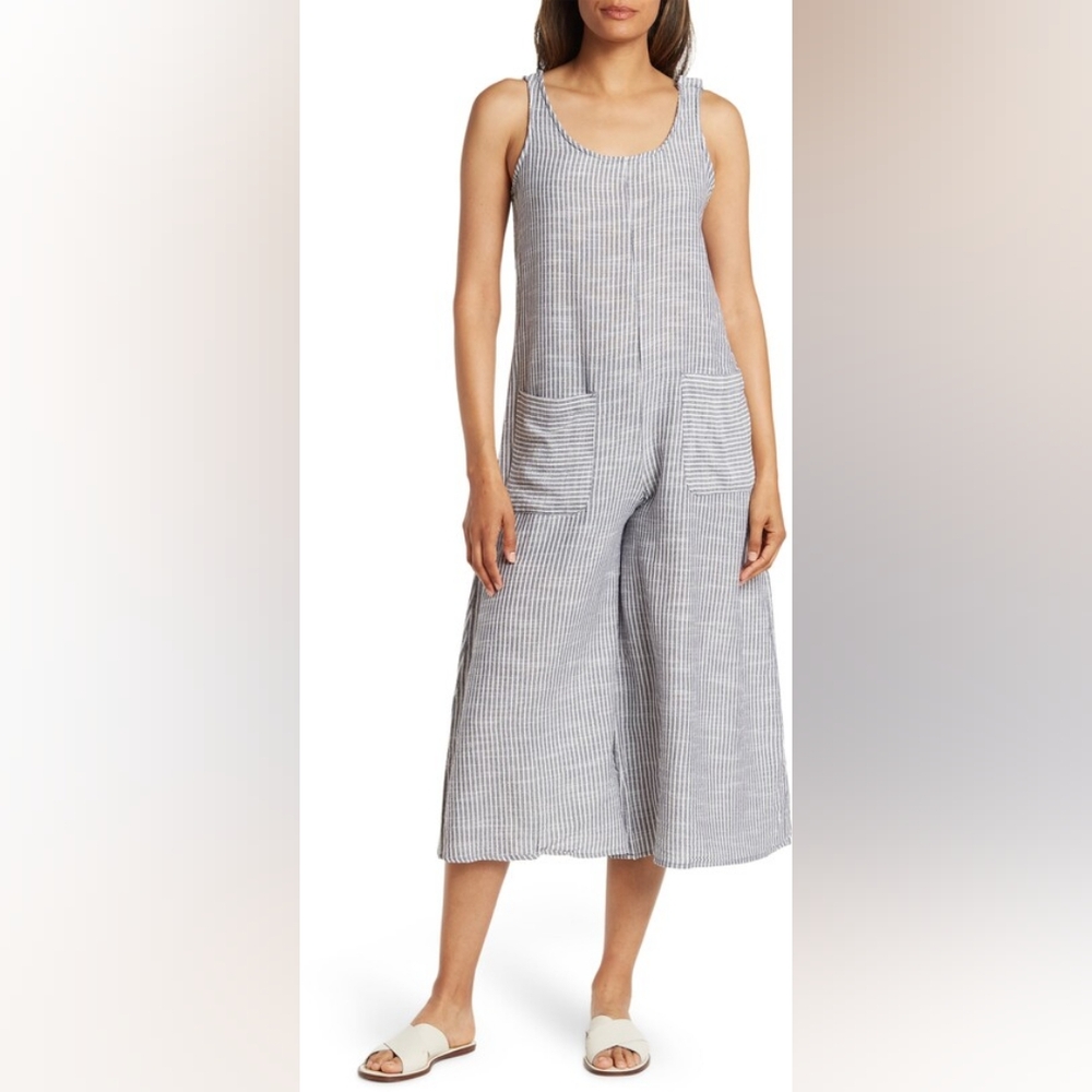 Max Studio Blue & White Striped Linen Blend Sleeveless Jumpsuit